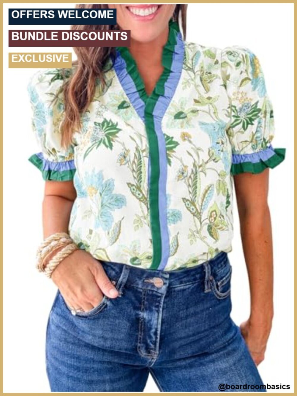 Boho Floral Puff Short Sleeve Button Down Blouse